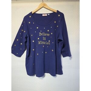 Quaker Factory Womens 1X Navy Blue Embroidered Believe In Miracles Cotton 3/4